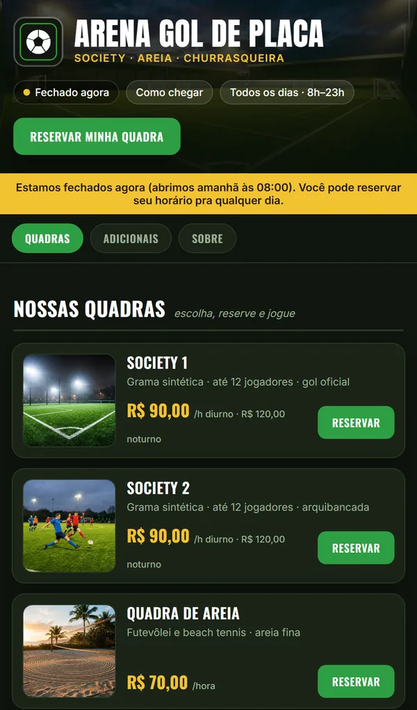 Site de Quadra society — Arena Gol de Placa